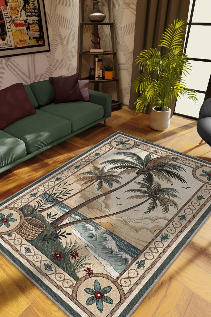 Homshtag Art Deco Palmiye Ağacı Desenli Halı Bitki Temalı Yeşil Palmiye Desenli Dijital Baskı Halı