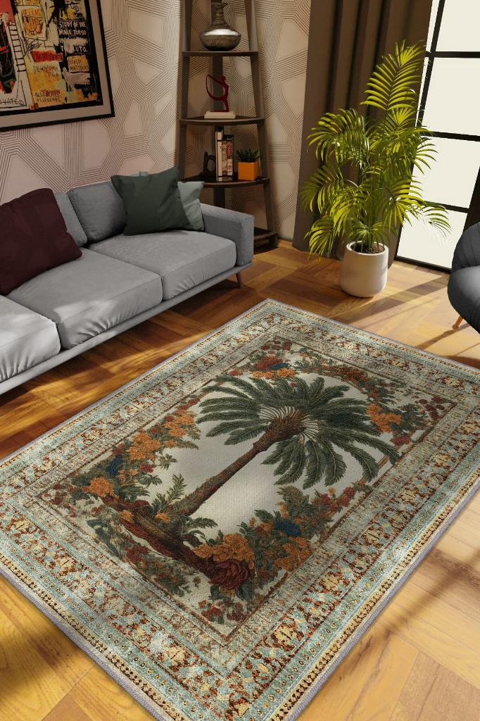 Homshtag Art Deco Palmiye Ağacı Vintage Halı Görünümlü Dijital Baskı Renkli Halı,Rustik Çiçekli Halı