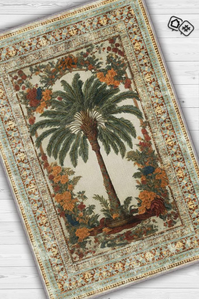 Homshtag Art Deco Palmiye Ağacı Vintage Halı Görünümlü Dijital Baskı Renkli Halı,Rustik Çiçekli Halı