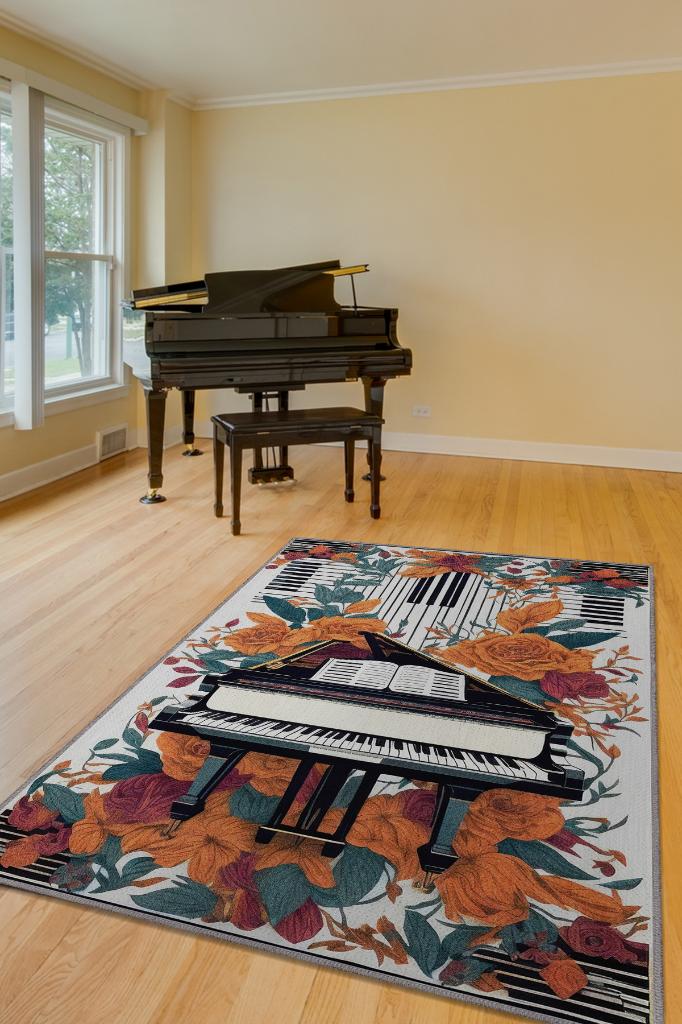 Homshtag Art Deco Piyano Halısı,Piyano Önü Halısı Çiçekli Müzik Halısı,Çocuklara Piyanoyu Sevdiren Halı,Sanat Halısı