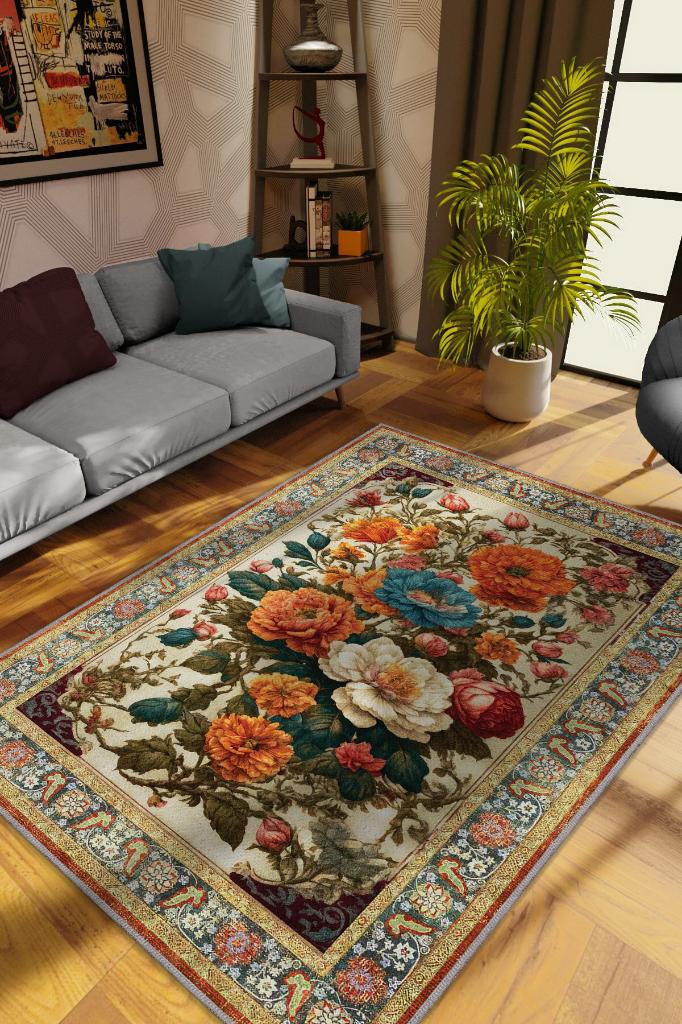 Homshtag Art Deco Renkli Çiçekler Vintage Halı Görünümlü Dijital Renkli Halı,Rustik Çiçekli Halı