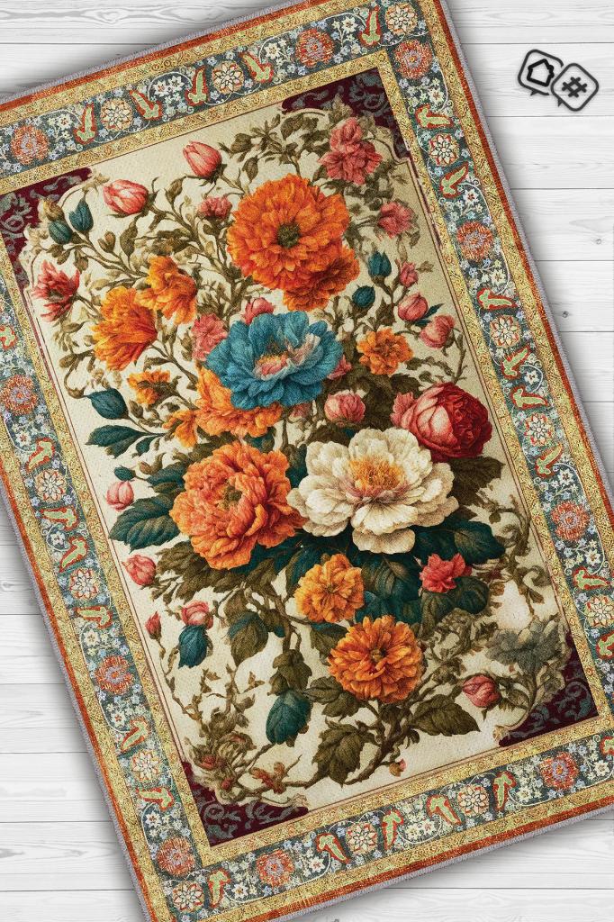 Homshtag Art Deco Renkli Çiçekler Vintage Halı Görünümlü Dijital Renkli Halı,Rustik Çiçekli Halı