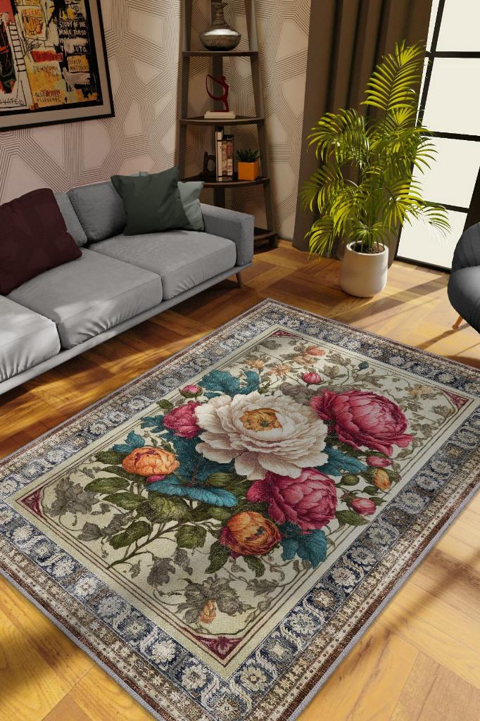 Homshtag Art Deco Şakayık Çiçeği Vintage Halı Görünümlü Dijital Baskı Renkli Halı Rustik Çiçek Halı