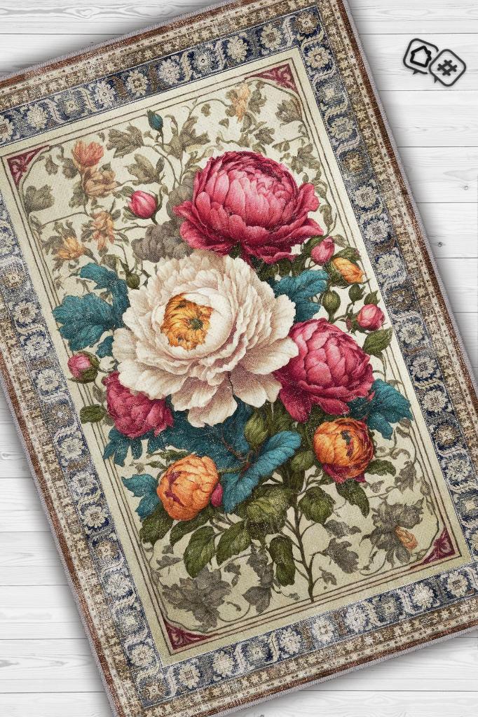 Homshtag Art Deco Şakayık Çiçeği Vintage Halı Görünümlü Dijital Baskı Renkli Halı Rustik Çiçek Halı