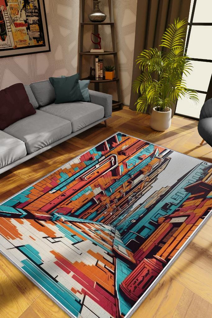 Homshtag Art Deco Street, blauer, orange-weißer Dekoteppich, farbenfroher Graffiti-Teppich im Street-Art-Stil