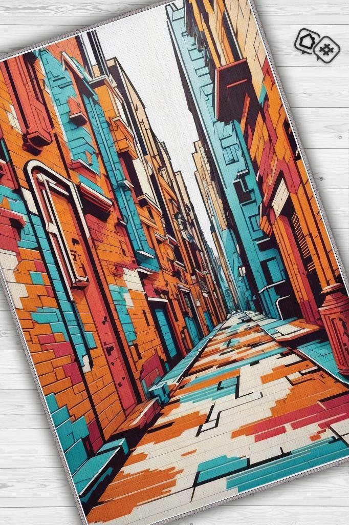 Homshtag Art Deco Street, blauer, orange-weißer Dekoteppich, farbenfroher Graffiti-Teppich im Street-Art-Stil