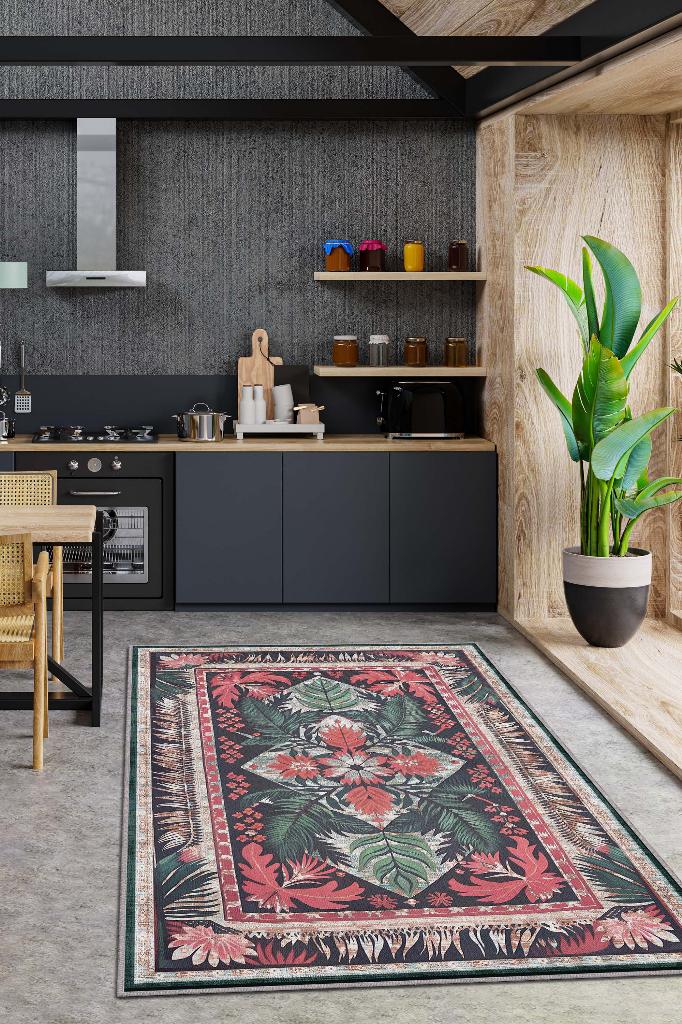 Homshtag Art Deco Soyut Bitki Temalı Halı Dijital Baskı Yeşil Kahve Renkli Rustik Çiçekli Halı