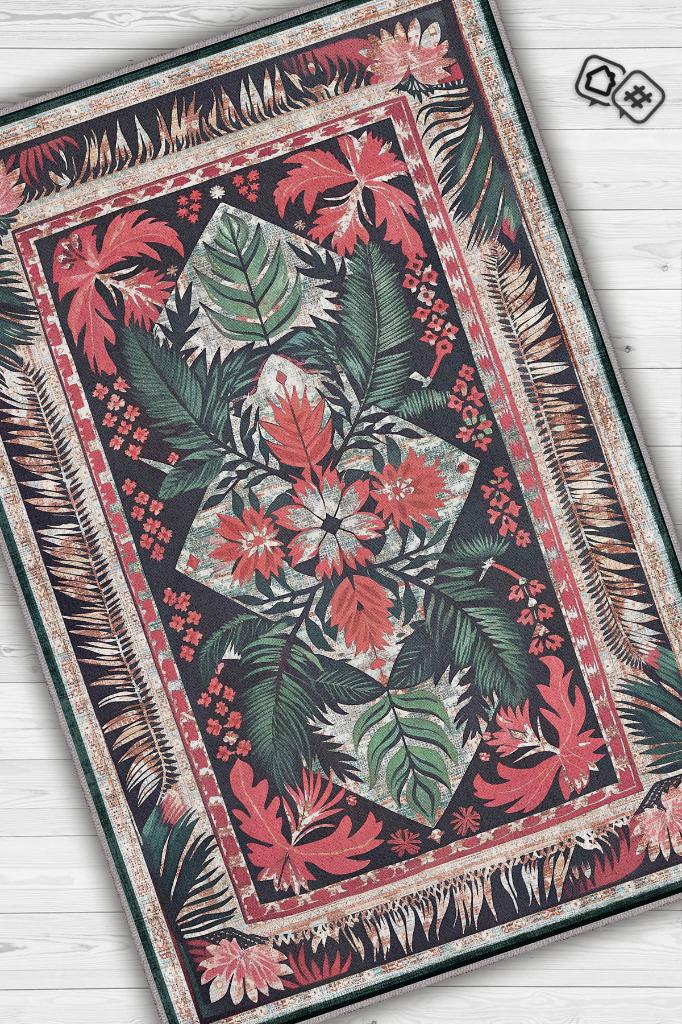 Homshtag Art Deco Soyut Bitki Temalı Halı Dijital Baskı Yeşil Kahve Renkli Rustik Çiçekli Halı