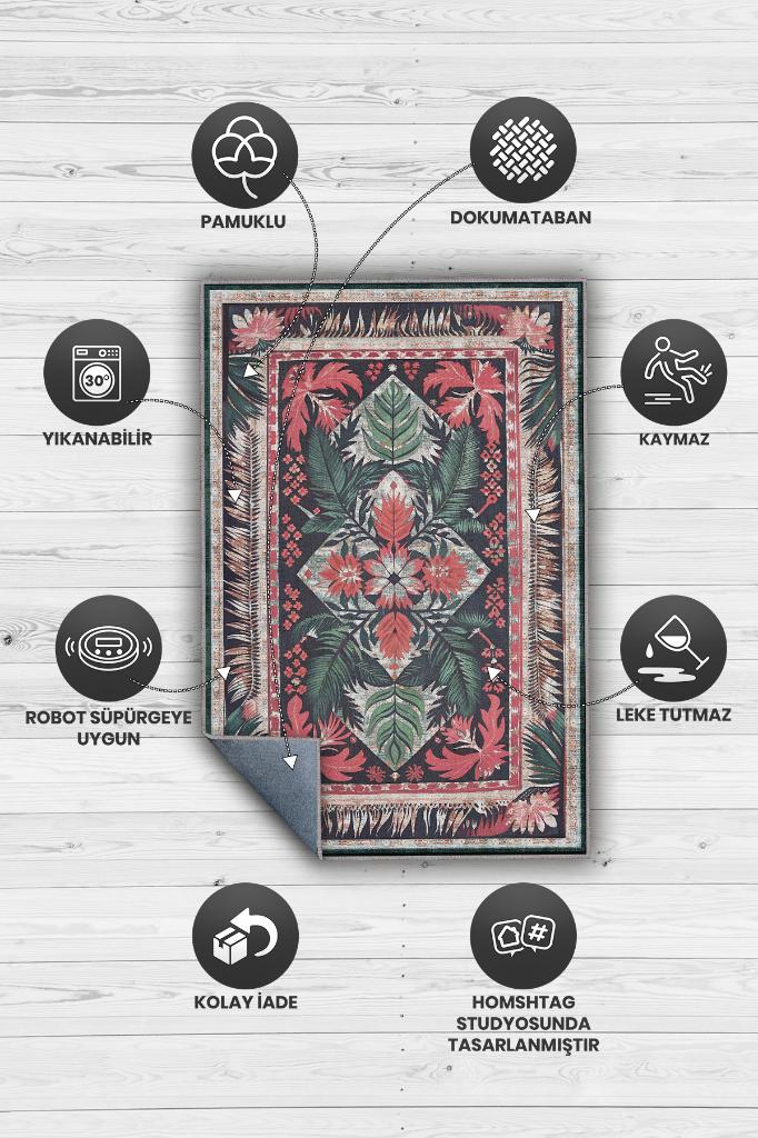 Homshtag Art Deco Soyut Bitki Temalı Halı Dijital Baskı Yeşil Kahve Renkli Rustik Çiçekli Halı