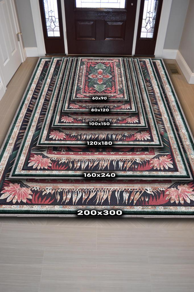 Homshtag Art Deco Soyut Bitki Temalı Halı Dijital Baskı Yeşil Kahve Renkli Rustik Çiçekli Halı