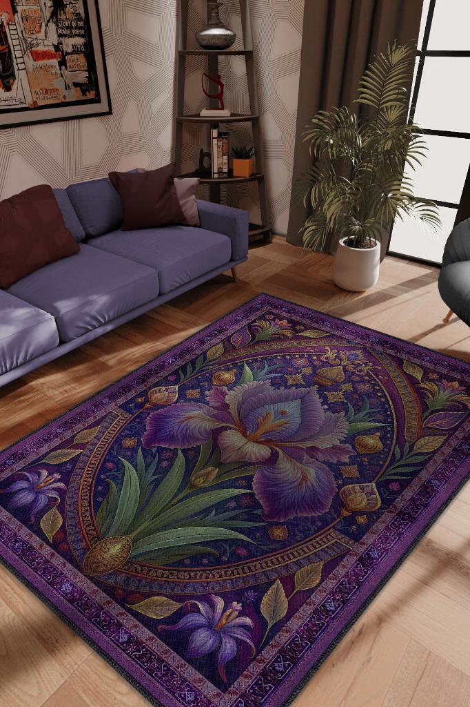 Homshtag Art Deco Süsen Çiçeği Halısı Bitki Temalı Soft Mor Renk Etnik Dijital Baskılı Çiçekli Halı