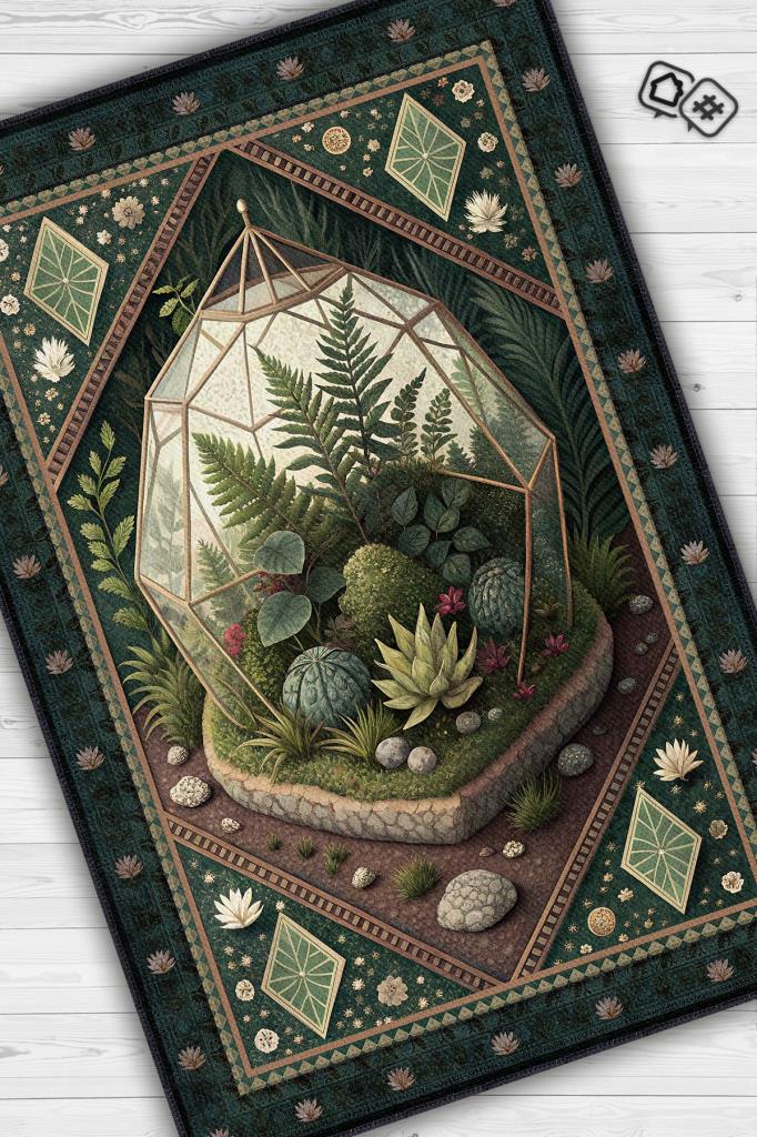 Homshtag Art Deco Teraryum Desenli Halı Bitki Temalı Yeşil Teraryum Desenli Dijital Baskı Halı