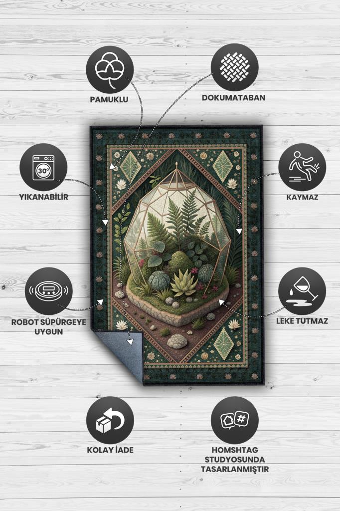 Homshtag Art Deco Teraryum Desenli Halı Bitki Temalı Yeşil Teraryum Desenli Dijital Baskı Halı