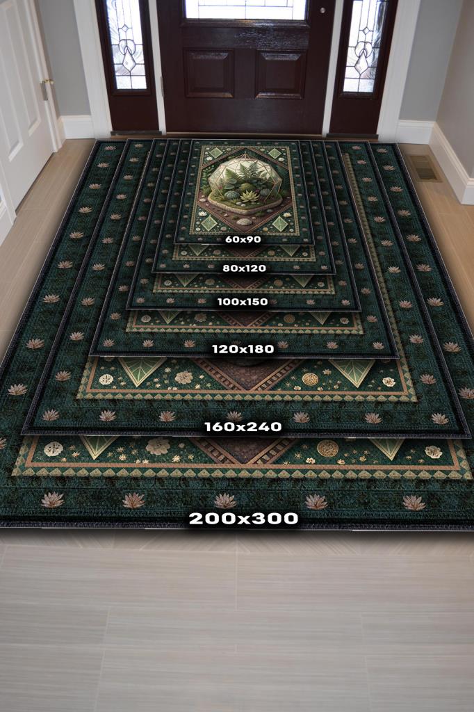 Homshtag Art Deco Teraryum Desenli Halı Bitki Temalı Yeşil Teraryum Desenli Dijital Baskı Halı