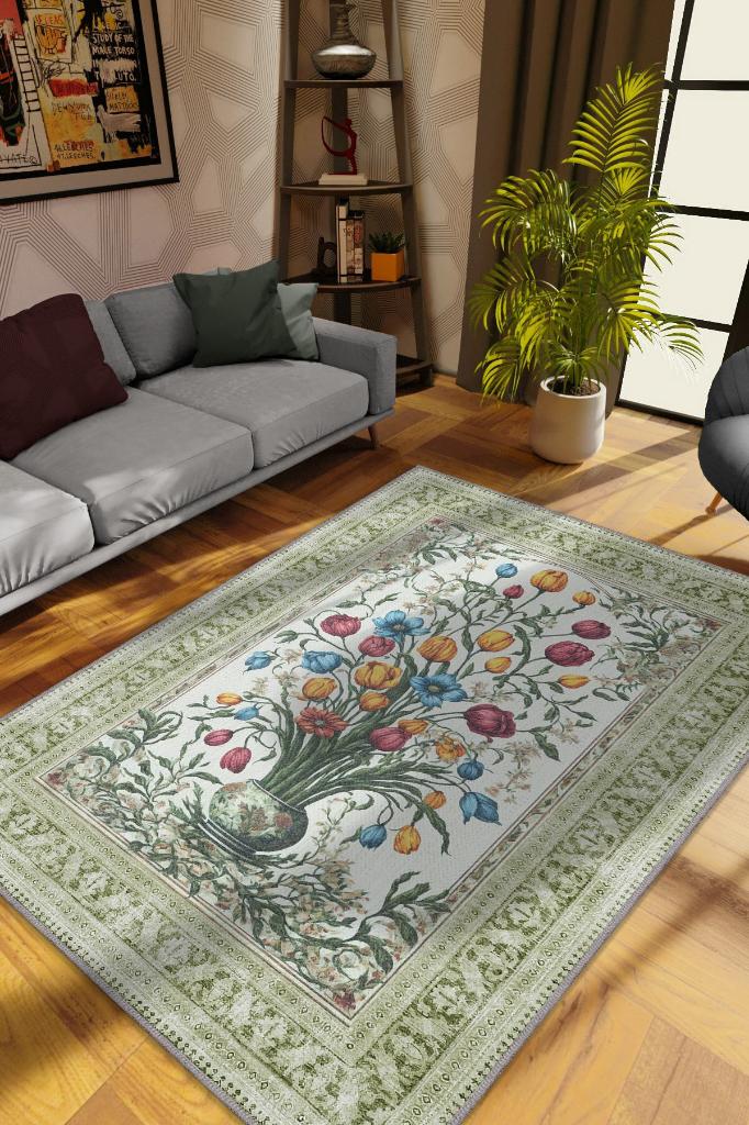 Homshtag Art Deco Tomurcuk Çiçeği Vintage Halı Görünümlü Baskı Renkli Halı Rustik Çiçekli Halı