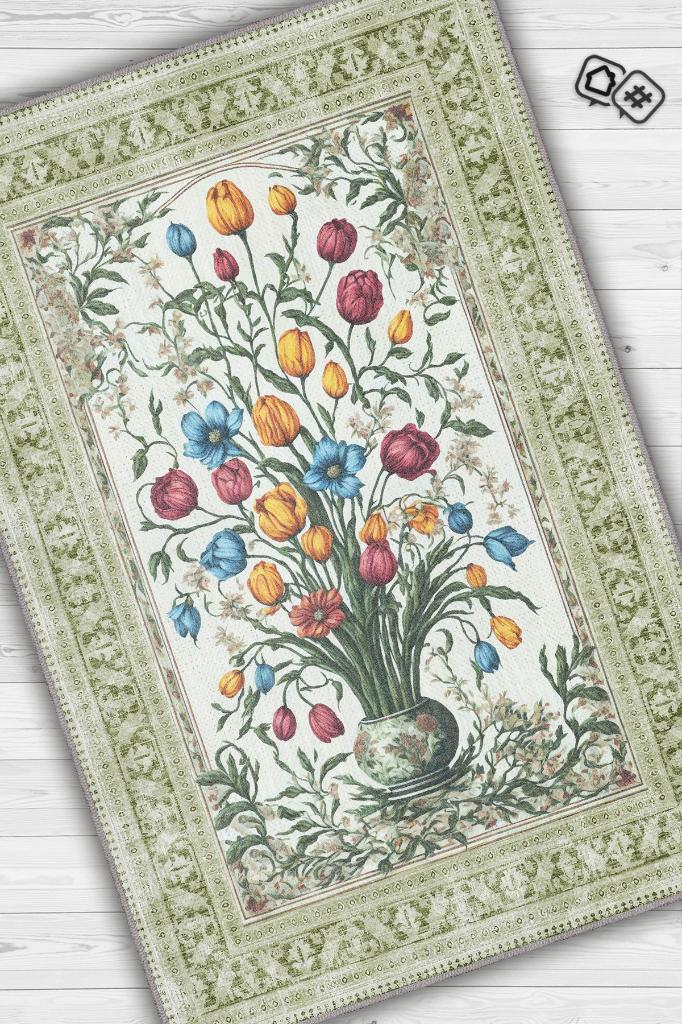 Homshtag Art Deco Tomurcuk Çiçeği Vintage Halı Görünümlü Baskı Renkli Halı Rustik Çiçekli Halı