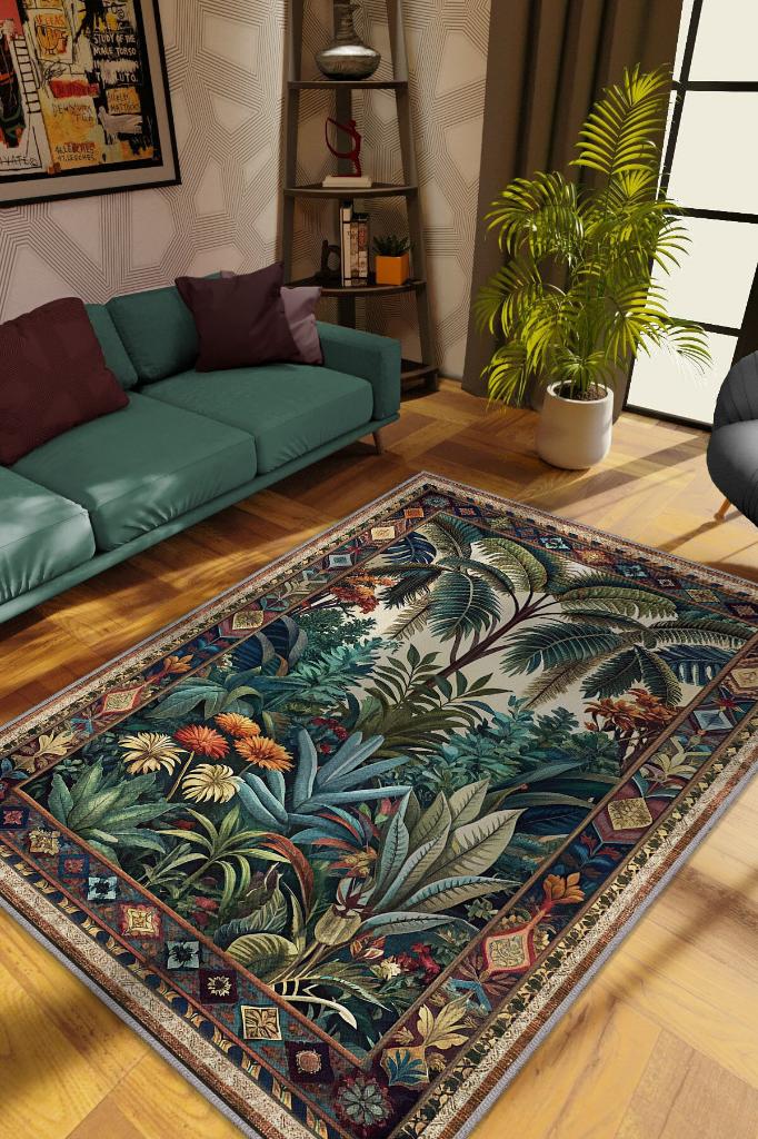 Homshtag Art Deco Tropikal Orman Vintage Halı Görünümlü Dijital Baskı Yeşil Renk Rustik Çiçekli Halı