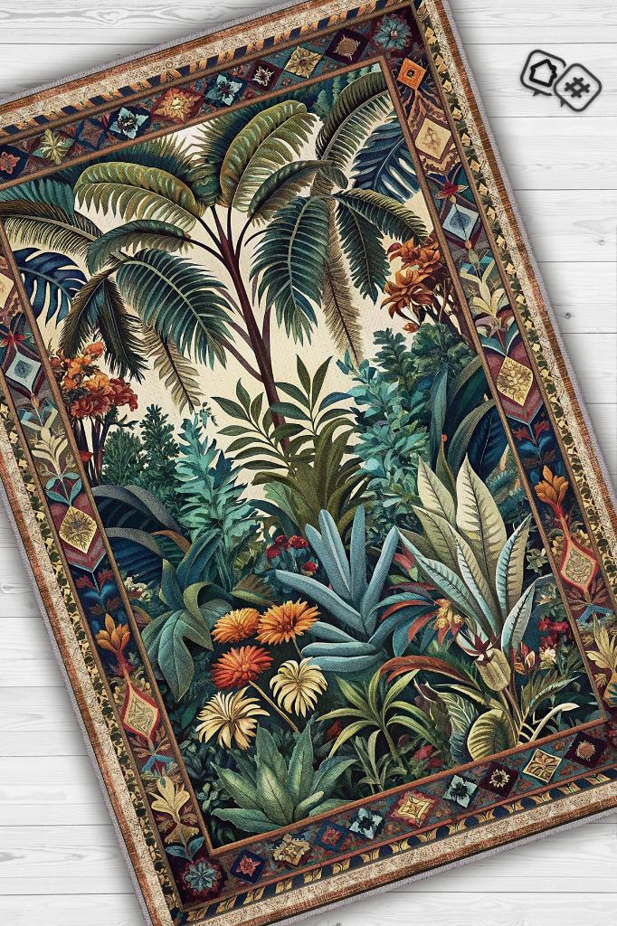 Homshtag Art Deco Tropikal Orman Vintage Halı Görünümlü Dijital Baskı Yeşil Renk Rustik Çiçekli Halı