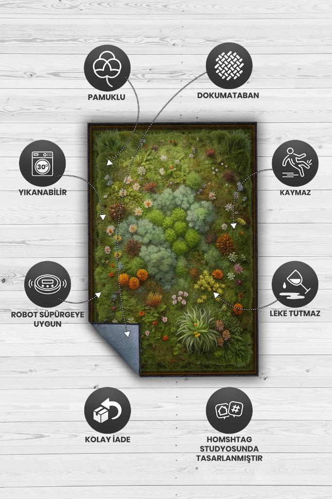 Homshtag Art Deco Yosun Halısı Bitki Temalı Soft Yeşil Renkli Etnik Dijital Baskılı Çiçekli Halı