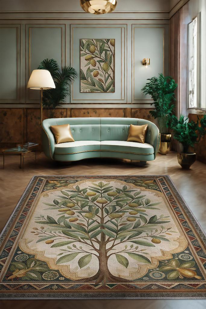 Homshtag Art Deco Zeytin Ağacı Halısı Bitki Temalı Soft Yeşil Renk Etnik Dijital Baskı Çiçekli Halı