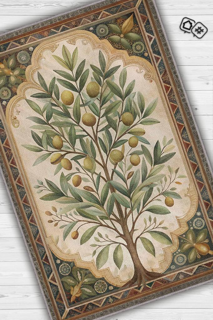 Homshtag Art Deco Zeytin Ağacı Halısı Bitki Temalı Soft Yeşil Renk Etnik Dijital Baskı Çiçekli Halı