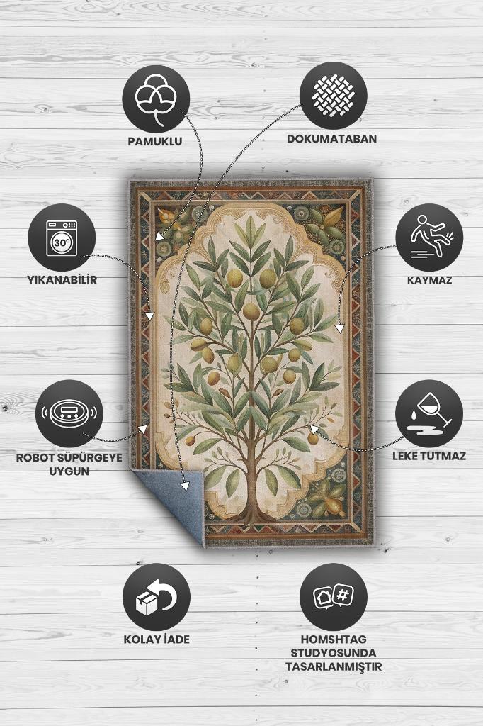 Homshtag Art Deco Zeytin Ağacı Halısı Bitki Temalı Soft Yeşil Renk Etnik Dijital Baskı Çiçekli Halı
