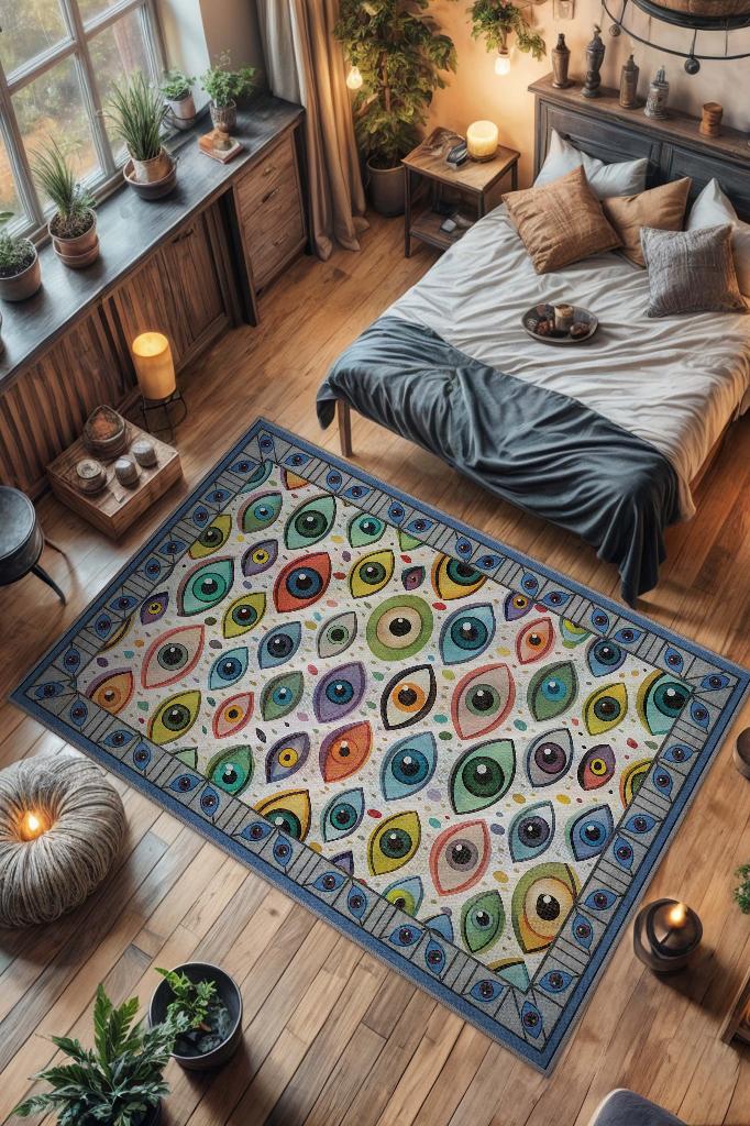 Homshtag Art Deko Renkli Nazar Boncuğu Temalı Renkli Halı Nazar Boncuğu Desenli Halı Modern Halı