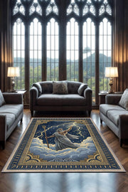 Homshtag Art Deko Renkli Zeus Temalı Mavi Renkli Halı Zeus Desenli Halı Modern Dijital Baskılı Halı