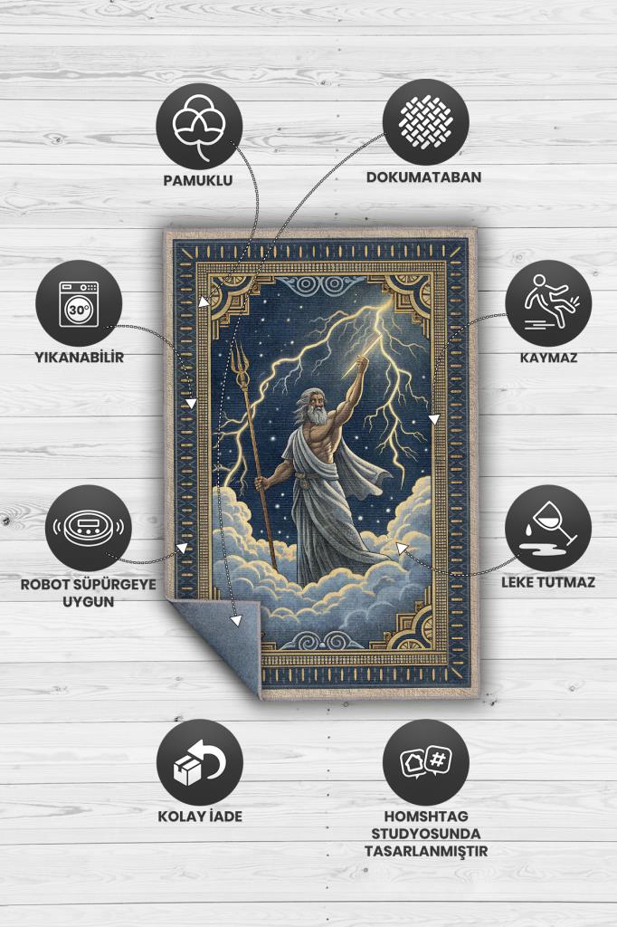 Homshtag Art Deko Renkli Zeus Temalı Mavi Renkli Halı Zeus Desenli Halı Modern Dijital Baskılı Halı