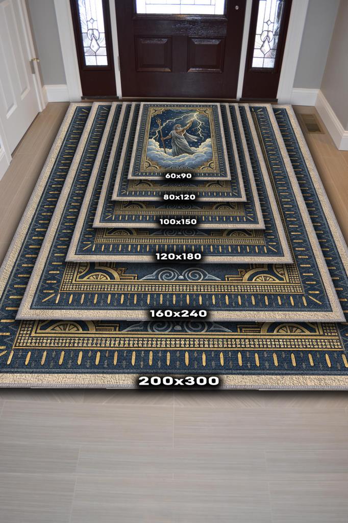 Homshtag Art Deko Renkli Zeus Temalı Mavi Renkli Halı Zeus Desenli Halı Modern Dijital Baskılı Halı