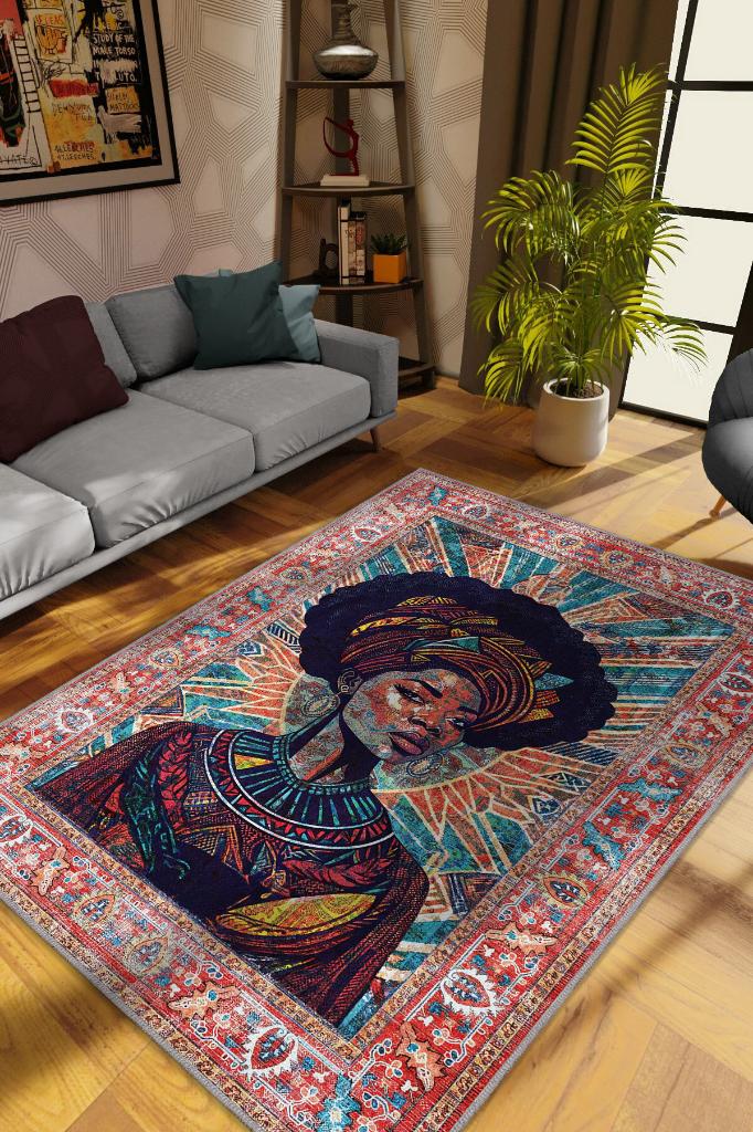 Homshtag Art Deko Vintage Afrikalı Kadın,Renkli Dekoratif Etnik Halı,İnsan Figürlü Geleneksel Bordürlü Çok Renkli Halı