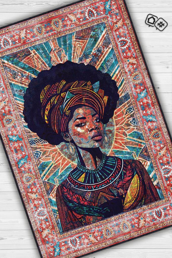 Homshtag Art Deko Vintage Afrikalı Kadın,Renkli Dekoratif Etnik Halı,İnsan Figürlü Geleneksel Bordürlü Çok Renkli Halı