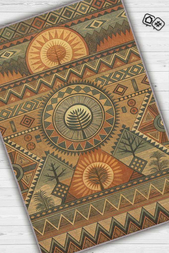 Homshtag Art Deko Vintage Afrikalı Temalı Çok Renkli Etnik Halı Geometrik Desenli Afrika Halısı