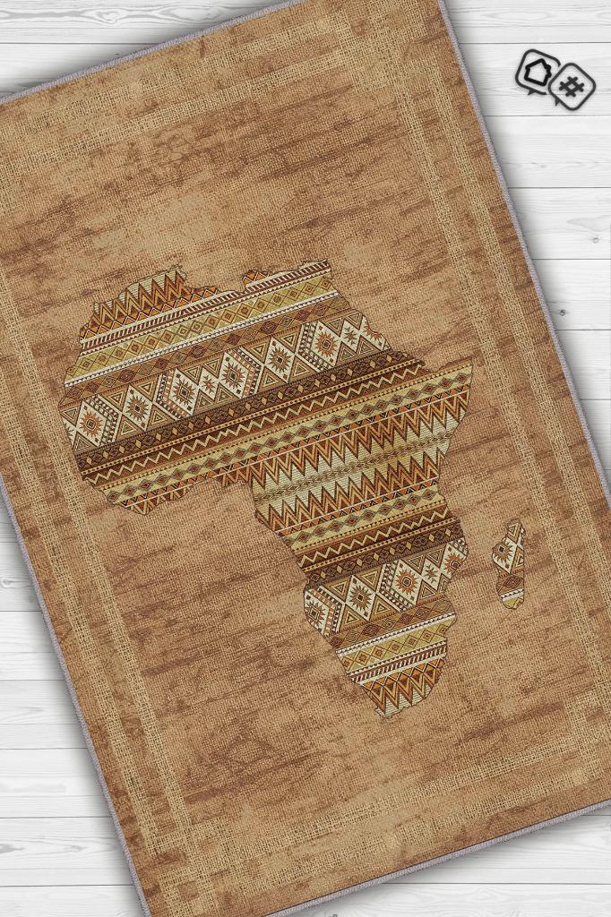 Homshtag Art Deko Vintage Afrikalı Temalı Kahverengi Renk Etnik Halı Bordürlü Afrika Haritası Halısı