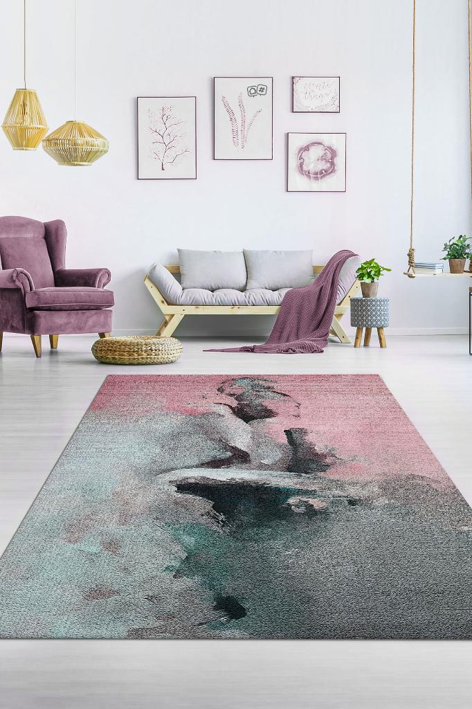 Homshtag Aşkın Ruhu Pembe Gri Renkli Halı Soyut Desenli Sevgiliye Hediyelik Halı Dekoratif Halı