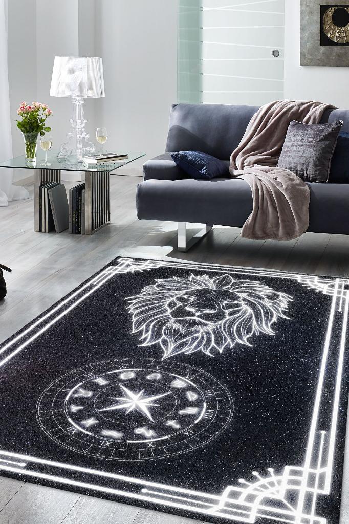 Homshtag Aslan Burcu Astroloji Temalı Halı Burç Halısı Aslan Burcuna Hediyelik Halı Siyah Renk Halı