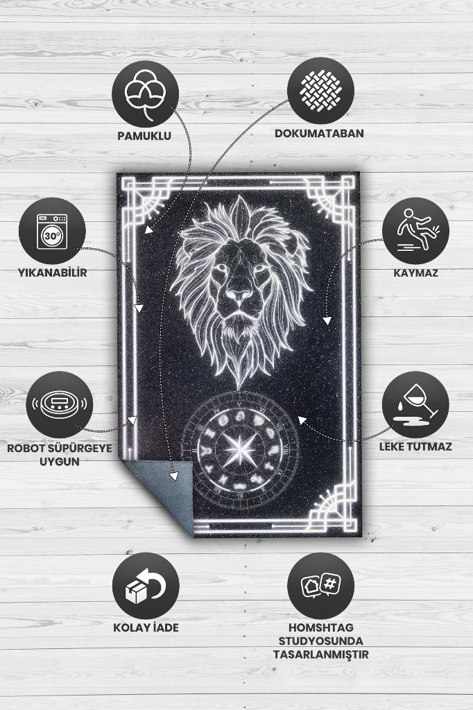 Homshtag Aslan Burcu Astroloji Temalı Halı Burç Halısı Aslan Burcuna Hediyelik Halı Siyah Renk Halı