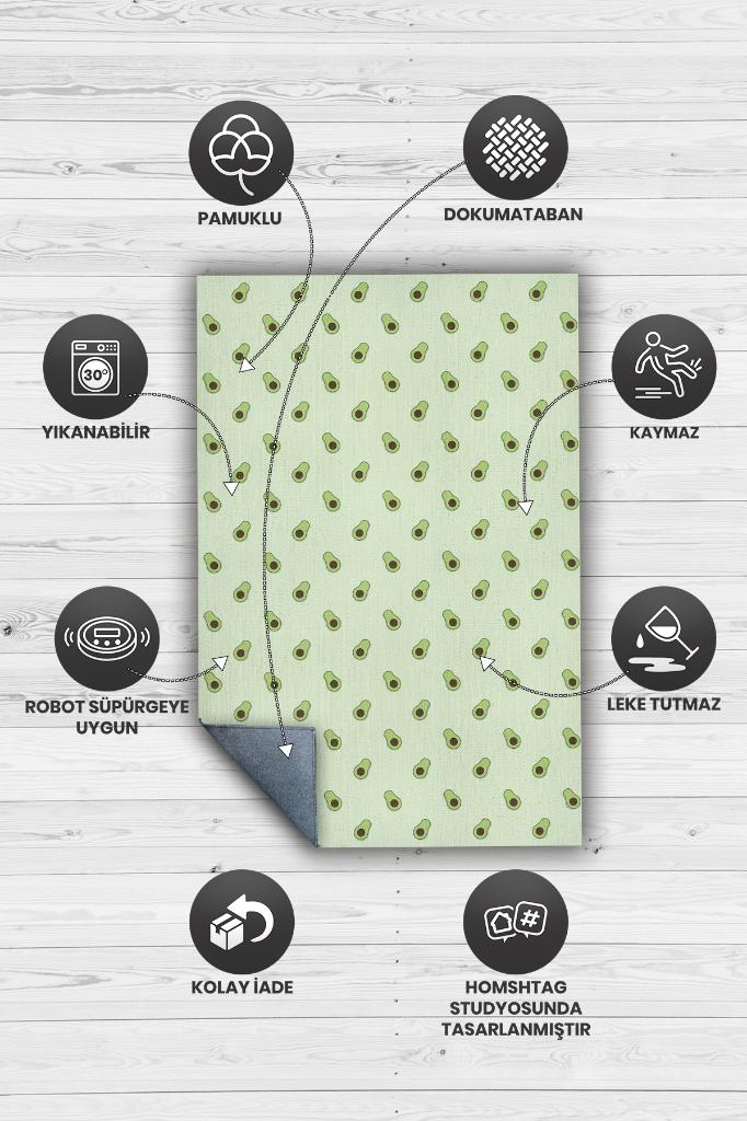 Homshtag Avokado Desenli Yeşil Halı Minimal Salon Halısı Renkli Mutfak Halısı Tarz Oturma Odası Halı