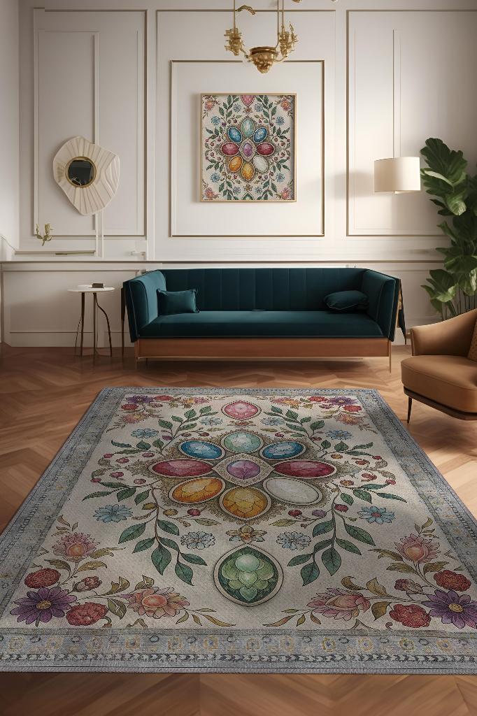 Homshtag Ay Taşı Halısı Çok Renkli Enerji Taşı Figürlü Halı Spiritüel Temalı Modern Halı