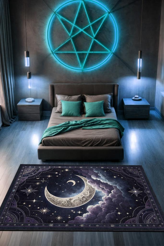 Homshtag Ay ve Bulut Temalı Halı Siyah Renk Oturma Odası Halısı Ay Yıldız Figürlü Dijital Baskı Halı