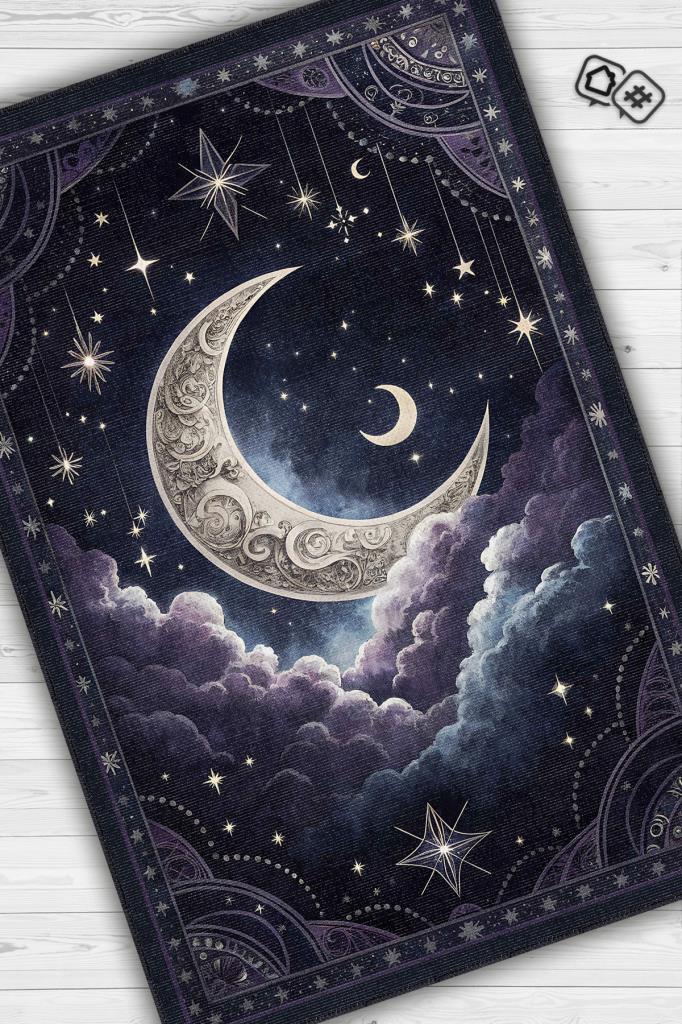 Homshtag Ay ve Bulut Temalı Halı Siyah Renk Oturma Odası Halısı Ay Yıldız Figürlü Dijital Baskı Halı