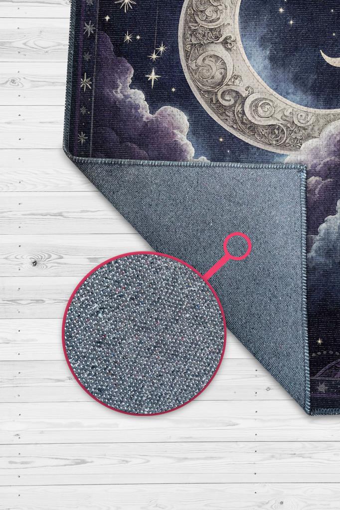 Homshtag Ay ve Bulut Temalı Halı Siyah Renk Oturma Odası Halısı Ay Yıldız Figürlü Dijital Baskı Halı