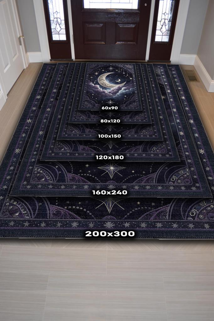 Homshtag Ay ve Bulut Temalı Halı Siyah Renk Oturma Odası Halısı Ay Yıldız Figürlü Dijital Baskı Halı
