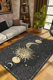 Homshtag Ay ve Güneş Desenli Halı Siyah Koyu Renkli Salon Halısı  Yıldız ve Ay Desenli Modern Halı