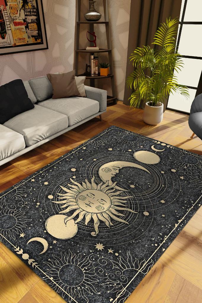 Homshtag Ay ve Güneş Desenli Halı Siyah Koyu Renkli Salon Halısı  Yıldız ve Ay Desenli Modern Halı