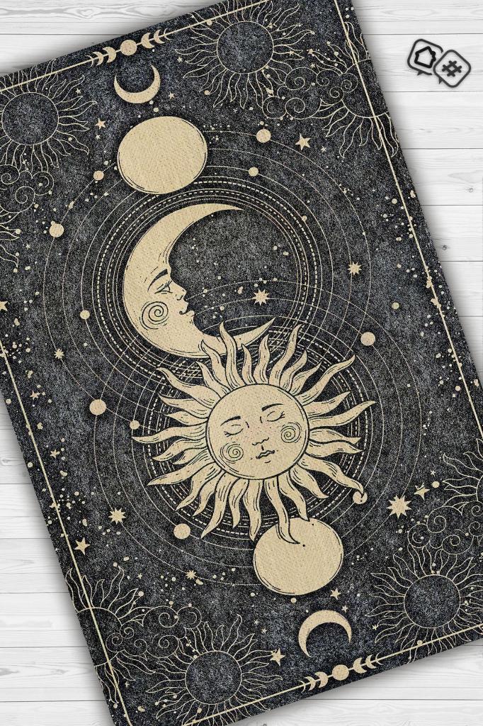 Homshtag Ay ve Güneş Desenli Halı Siyah Koyu Renkli Salon Halısı  Yıldız ve Ay Desenli Modern Halı