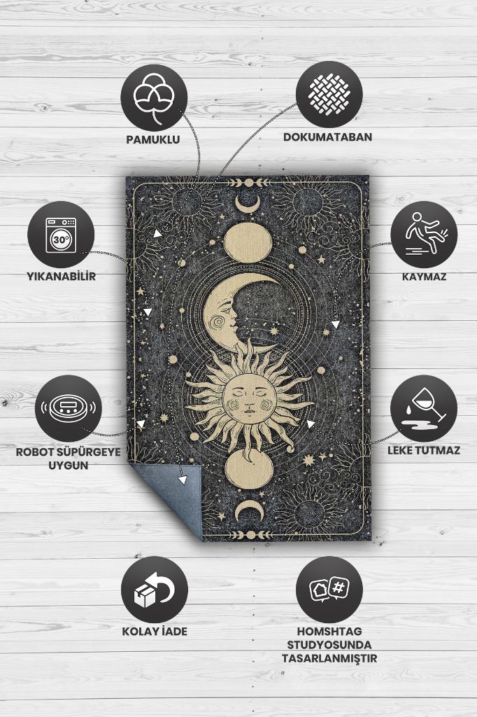 Homshtag Ay ve Güneş Desenli Halı Siyah Koyu Renkli Salon Halısı  Yıldız ve Ay Desenli Modern Halı