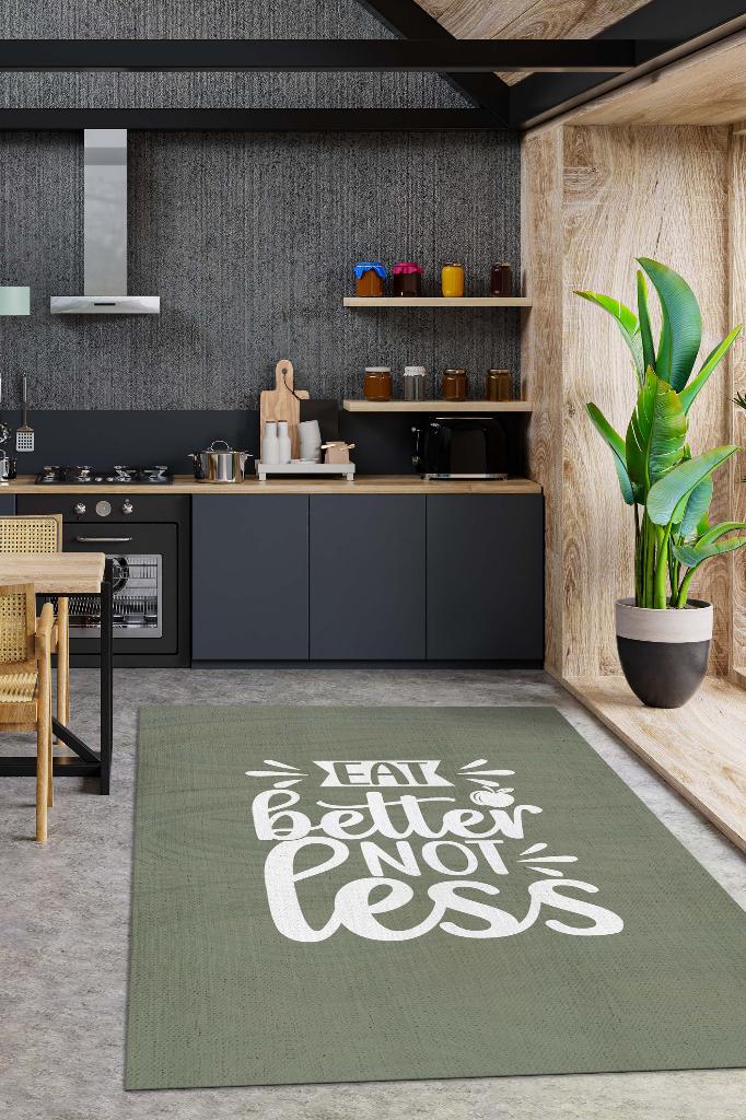 Homshtag Az Yeme İyi Ye Yeşil Renkli Mutfak Halı Yazılı Dekoratif Modern Mutfak Halısı Dokuma Halı