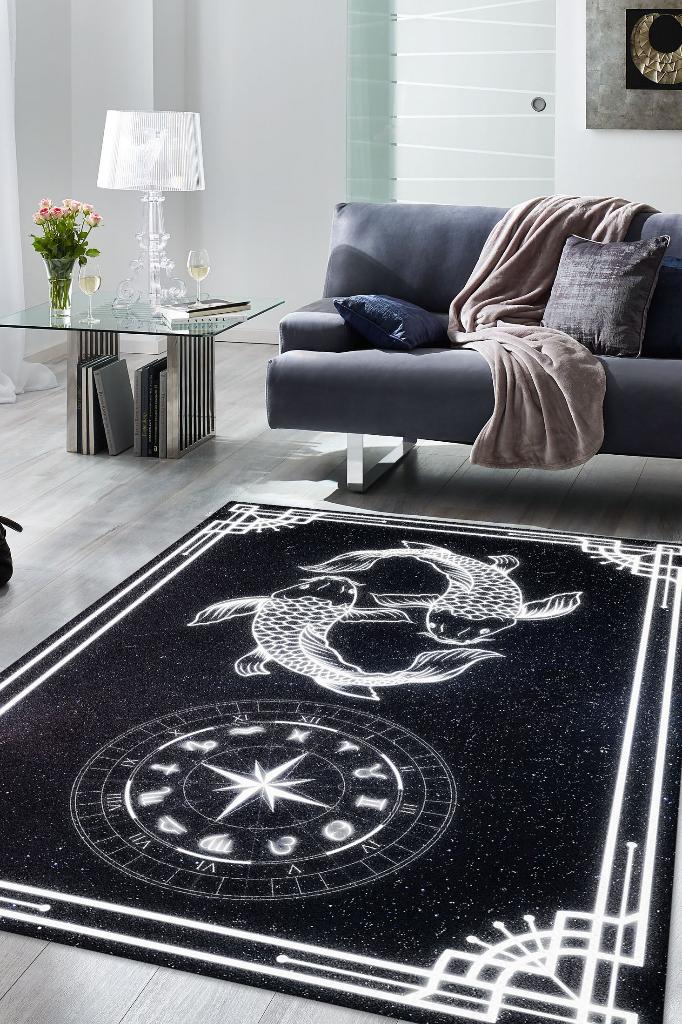 Homshtag Balık Burcu Astroloji Temalı Halı Burç Halısı Balık Burcuna Hediyelik Halı Siyah Renk Halı