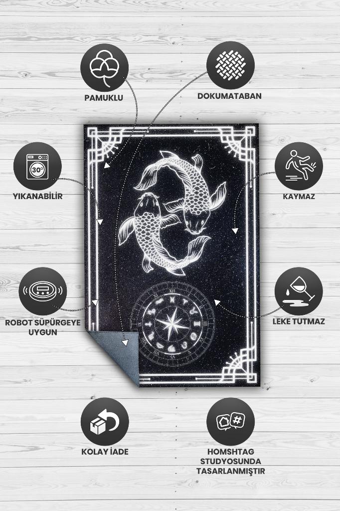 Homshtag Balık Burcu Astroloji Temalı Halı Burç Halısı Balık Burcuna Hediyelik Halı Siyah Renk Halı